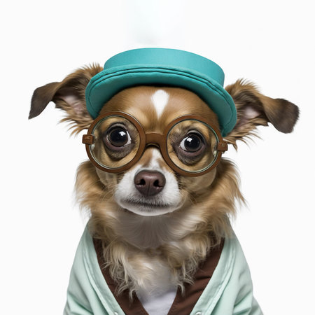 Dog in a doctor, medical worker outfit on a light background. Generative AI.の素材