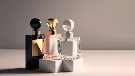 Collection of transparent multi color glass perfume bottles on a light background. Art composition still life. Stylish perfume banner. Generative AI.の素材