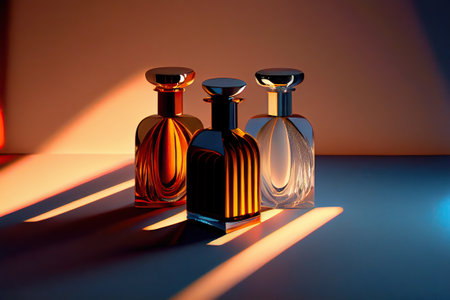 Collection of transparent multi color glass perfume bottles on a light background. Art composition still life. Stylish perfume banner. Generative AI.の素材