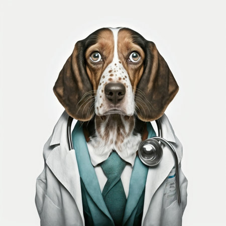 Dog in a doctor, medical worker outfit on a light background. Generative AI.の素材