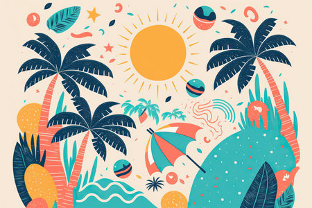 Abstract illustration with colorful geometric and natural elements. Summer tropical theme. Generative AIの素材