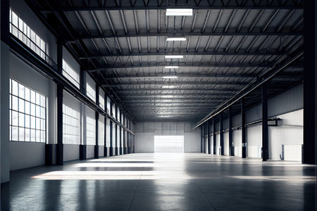 Interior of empty industrial warehouse or garage. Generative AIの素材