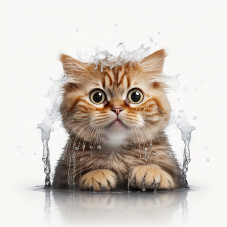 Funny illustration of surprised cat swimming, splashes of water around. white background. Generative AIの素材