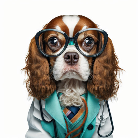 Dog in a doctor, medical worker outfit on a light background. Generative AI.の素材