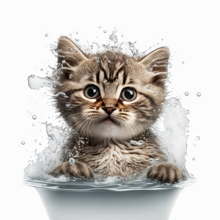 Funny illustration of surprised cat swimming, splashes of water around. white background. Generative AIの素材