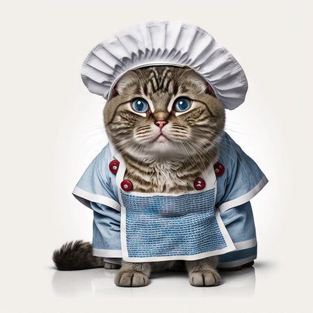 Cat in a doctor, mdical worker outfit on a light background. Generative AI.の素材