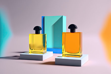 Collection of transparent multi color glass perfume bottles on a light background. Art composition still life. Stylish perfume banner. Generative AI.の素材