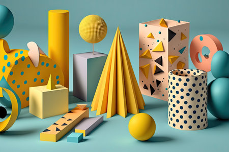 Abstract scene with colorful geometric 3d style elements. Generative AIの素材