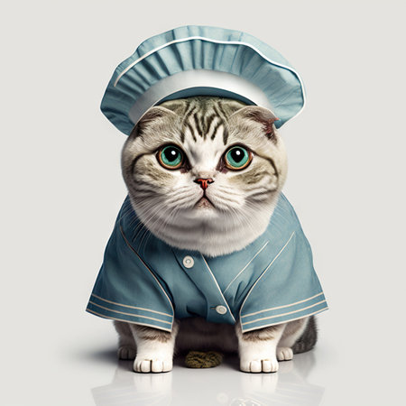 Cat in a doctor, mdical worker outfit on a light background. Generative AI.の素材
