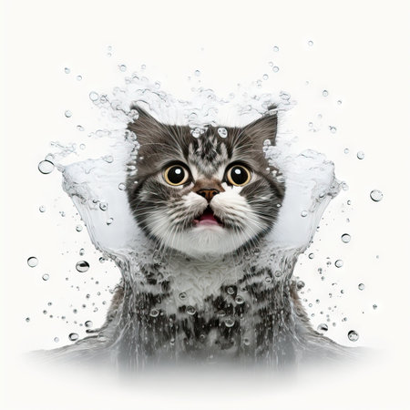 Funny illustration of surprised cat swimming, splashes of water around. white background. Generative AIの素材