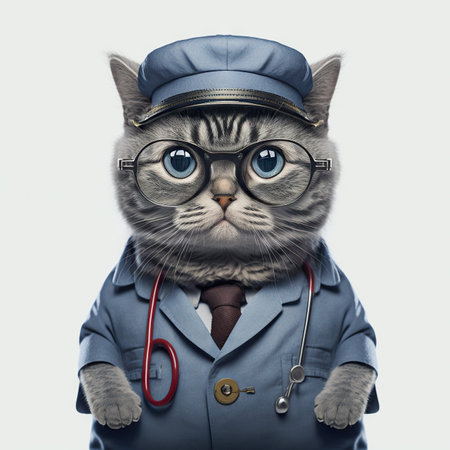 Cat in a doctor, mdical worker outfit on a light background. Generative AI.の素材