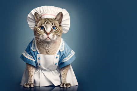 Cat in a doctor, mdical worker outfit on a light background. Generative AI.の素材