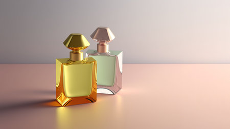 Collection of transparent multi color glass perfume bottles on a light background. Art composition still life. Stylish perfume banner. Generative AI.の素材
