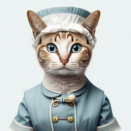 Cat in a doctor, mdical worker outfit on a light background. Generative AI.の素材