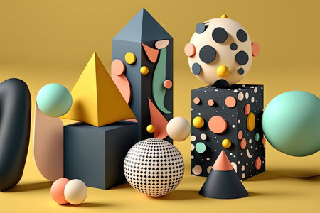 Abstract scene with colorful geometric 3d style elements. Generative AIの素材