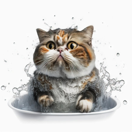 Funny illustration of surprised cat swimming, splashes of water around. white background. Generative AIの素材