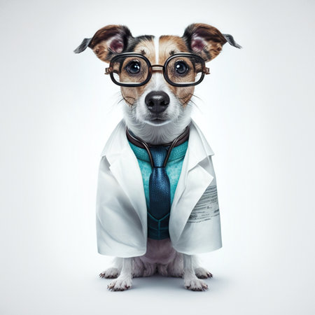 Dog in a doctor, medical worker outfit on a light background. Generative AI.の素材