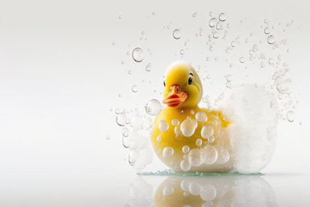 Yellow rubber duck with soap bubbles, white background. Generative AI.の素材