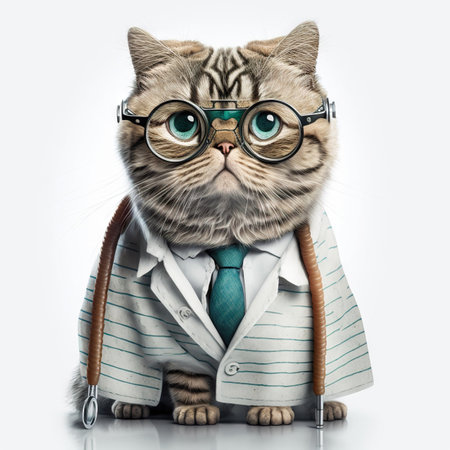 Cat in a doctor, mdical worker outfit on a light background. Generative AI.の素材