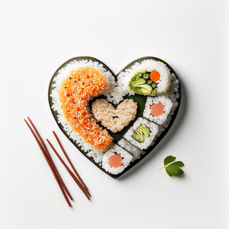 Creative concept Valentine's day sushi in shape of heart on white background. Generative AIの素材