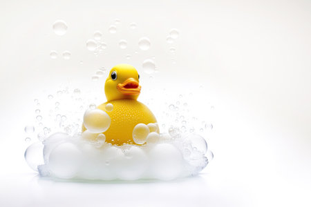 Yellow rubber duck with soap bubbles, white background. Generative AI.の素材