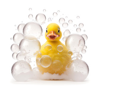 Yellow rubber duck with soap bubbles, white background. Generative AI.の素材