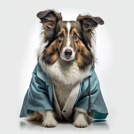 Dog in a doctor, medical worker outfit on a light background. Generative AI.の素材