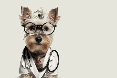 Dog in a doctor, medical worker outfit on a light background. Generative AI.の素材