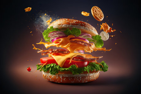 Tasty hamburger with flying ingredients on dark background. Generative AIの素材