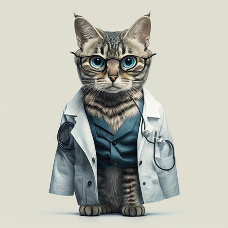 Cat in a doctor, mdical worker outfit on a light background. Generative AI.の素材