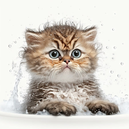 Funny illustration of surprised cat swimming, splashes of water around. white background. Generative AIの素材