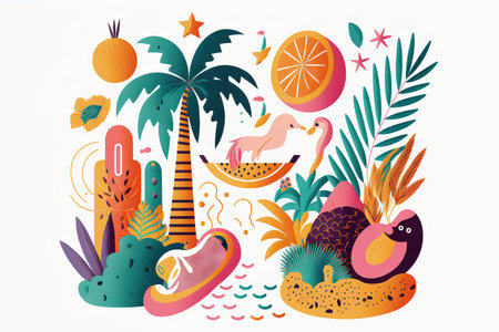 Abstract illustration with colorful geometric and natural elements. Summer tropical theme. Generative AIの素材