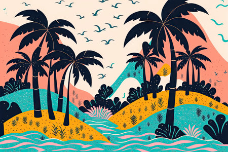 Abstract illustration with colorful geometric and natural elements. Summer tropical theme. Generative AIの素材