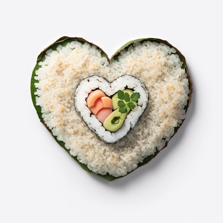 Creative concept Valentine's day sushi in shape of heart on white background. Generative AIの素材