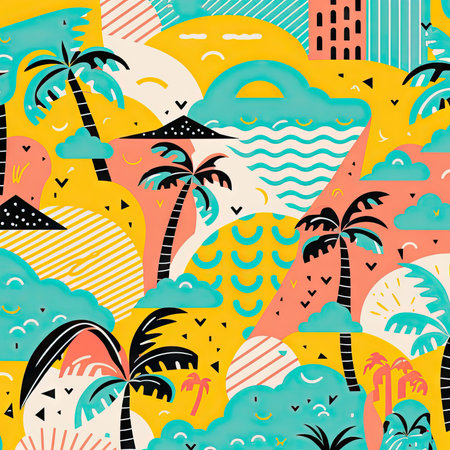 Abstract illustration with colorful geometric and natural elements. Summer tropical theme. Generative AIの素材