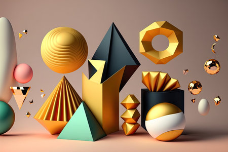 Abstract scene with colorful geometric 3d style elements. Generative AIの素材