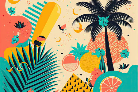 Abstract illustration with colorful geometric and natural elements. Summer tropical theme. Generative AIの素材