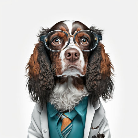 Dog in a doctor, medical worker outfit on a light background. Generative AI.の素材