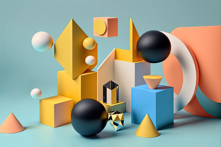 Abstract scene with colorful geometric 3d style elements. Generative AIの素材