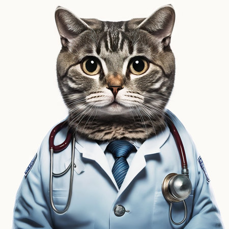 Cat in a doctor, mdical worker outfit on a light background. Generative AI.の素材