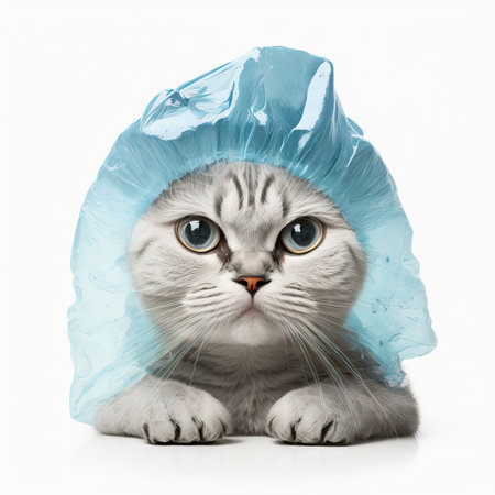 Funny illustration of moody cat wearing shower cap. white background. Generative AIの素材