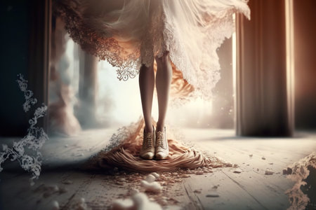 Beautiful lace shoes and wedding dress, bokeh. Generative AIの素材