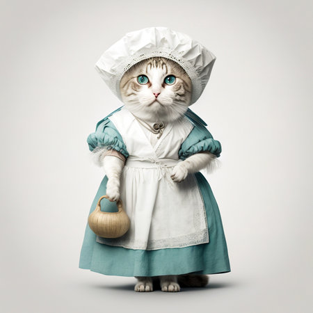 Cat in a doctor, mdical worker outfit on a light background. Generative AI.の素材