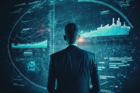 Businessman analyzing data, blue background. Generative AI.の素材