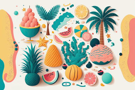 Abstract illustration with colorful geometric and natural elements. Summer tropical theme. Generative AIの素材