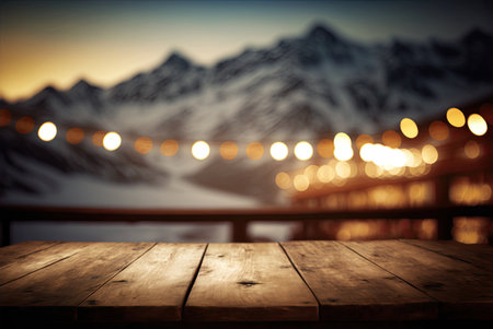Wooden table top in a mountain restaurant, blurred light bokeh, cafe, bar background. Generative AIの素材