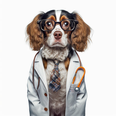 Dog in a doctor, medical worker outfit on a light background. Generative AI.の素材