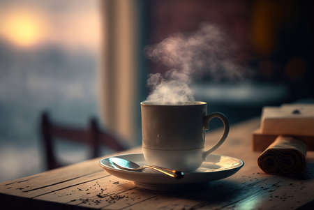 Cup of hot beverage on a breezy winter morning. Generative AIの素材