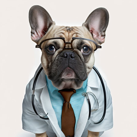 Dog in a doctor, medical worker outfit on a light background. Generative AI.の素材
