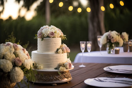 Elegant layered wedding cake. Generative AIの素材